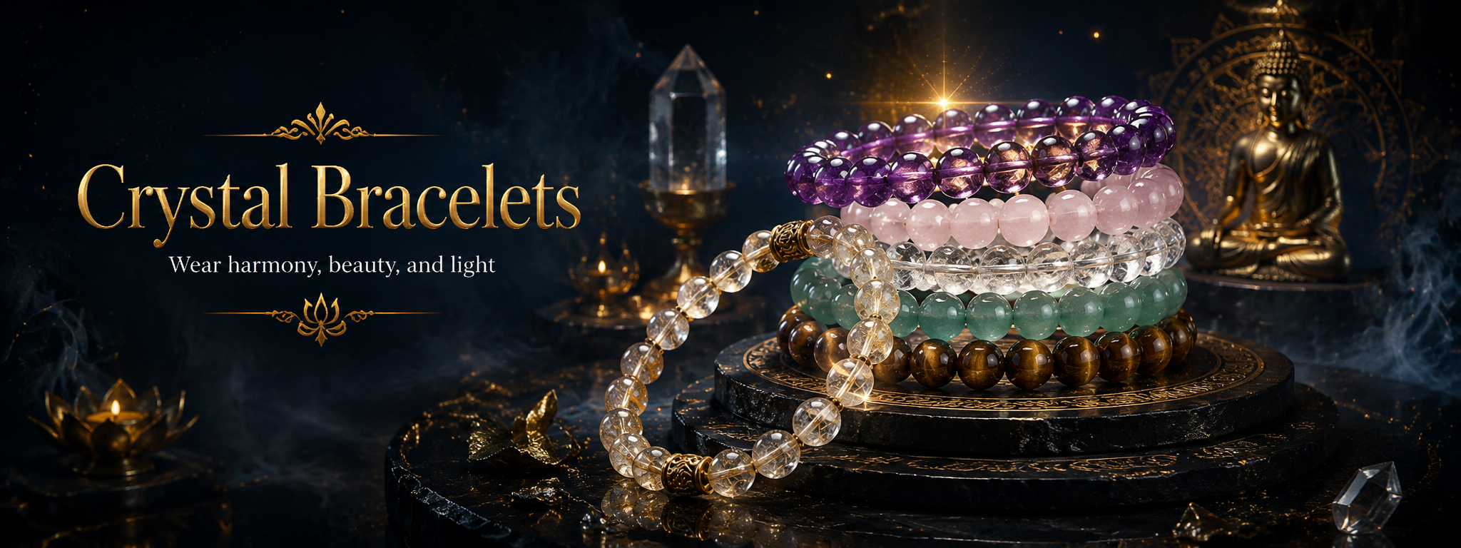 Natural crystal bracelets in a sacred display
