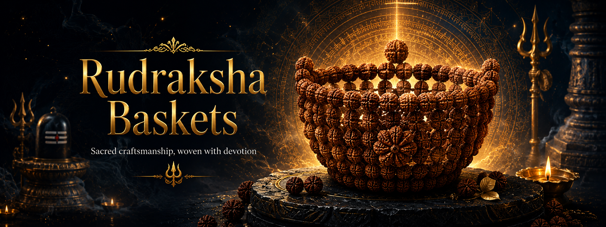 Handcrafted Rudraksha baskets in a devotional setting