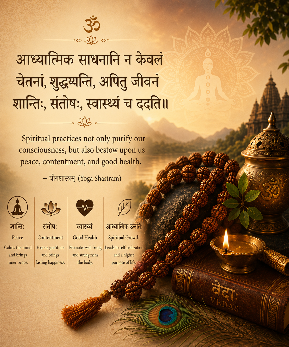 Rudraksha mala, a diya, and Vedic spiritual symbols in a golden temple setting